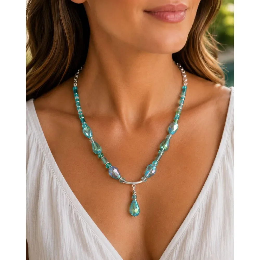 OOAK Handmade Aqua Teal Faceted Beaded Necklace Crystal Teardrop Silver Tone